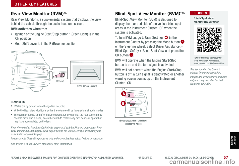 KIA SORENTO 2021 Features and Functions Guide ALWAYS CHECK THE OWNER’S MANUAL FOR COMPLETE OPER ATING INFORMATION AND SAFET Y WARNINGS. *IF EQUIPPED †LEGAL DISCL AIMERS ON BACK INSIDE COVER57
Rear View Monitor (RVM)†6
R KIA SORENTO 2021 Features and Functions Guide ALWAYS CHECK THE OWNER’S MANUAL FOR COMPLETE OPER ATING INFORMATION AND SAFET Y WARNINGS. *IF EQUIPPED †LEGAL DISCL AIMERS ON BACK INSIDE COVER57
Rear View Monitor (RVM)†6
R