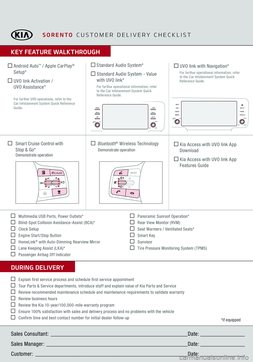 KIA SORENTO 2021 Features and Functions Guide KEY FEATURE WALKTHROUGHDURING DELIVERY Multimedia USB Ports, Power Outlets* Blind-Spot Collision Avoidance-Assist (BCA)* Clock Setup Engine Start/Stop Button HomeLink
® with Auto-Dimming KIA SORENTO 2021 Features and Functions Guide KEY FEATURE WALKTHROUGHDURING DELIVERY Multimedia USB Ports, Power Outlets* Blind-Spot Collision Avoidance-Assist (BCA)* Clock Setup Engine Start/Stop Button HomeLink
® with Auto-Dimming