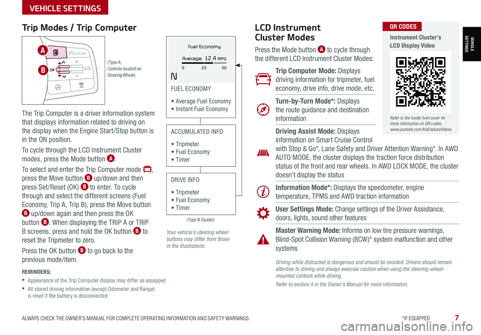 KIA SORENTO 2021  Features and Functions Guide ALWAYS CHECK THE OWNER’S MANUAL FOR COMPLETE OPER ATING INFORMATION AND SAFET Y WARNINGS.  *IF EQUIPPED7
Trip Modes / Trip Computer 
The Trip Computer is a driver information system 
that displays i