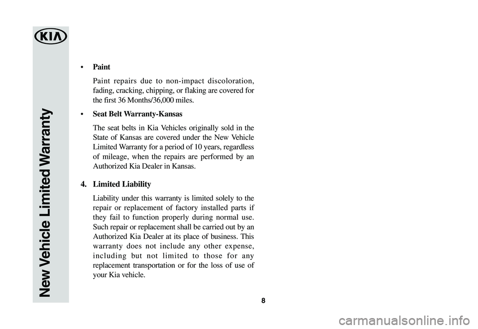 KIA SORENTO 2021  Warranty and Consumer Information Guide 8New Vehicle  Limited Warranty
•	Paint
 Paint repairs due to non-impact discoloration, 
fading, cracking, chipping, or flaking are covered for 
the first 36 Months/36,000 miles.
•	Seat Belt Warran