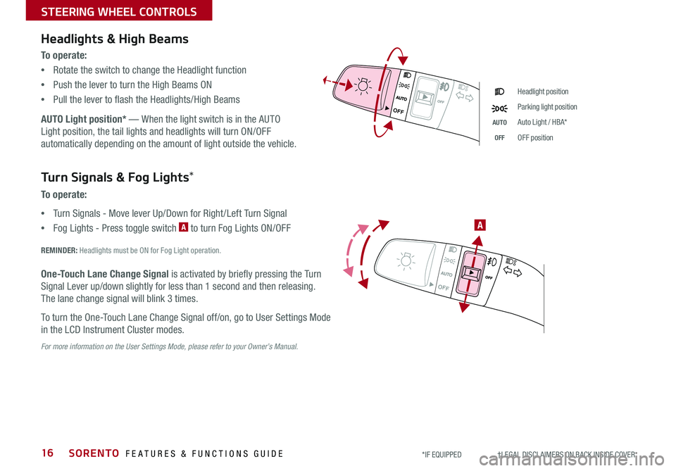 KIA SORENTO 2020 Features and Functions Guide SORENTO FEATURES & FUNCTIONS GUIDE16*IF EQUIPPED †LEGAL DISCL AIMERS ON BACK INSIDE COVER
OFF
OFF
STEERING WHEEL CONTROLS
Headlights & High Beams
To o p e r a t e :
•Rotate t KIA SORENTO 2020 Features and Functions Guide SORENTO FEATURES & FUNCTIONS GUIDE16*IF EQUIPPED †LEGAL DISCL AIMERS ON BACK INSIDE COVER
OFF
OFF
STEERING WHEEL CONTROLS
Headlights & High Beams
To o p e r a t e :
•Rotate t