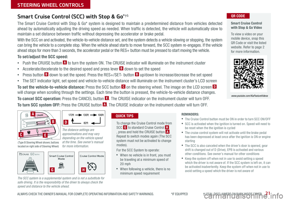 KIA SORENTO 2020 Features and Functions Guide 21ALWAYS CHECK THE OWNER’S MANUAL FOR COMPLETE OPER ATING INFORMATION AND SAFET Y WARNINGS. *IF EQUIPPED †LEGAL DISCL AIMERS ON BACK INSIDE COVER
The Smart Cruise Control with KIA SORENTO 2020 Features and Functions Guide 21ALWAYS CHECK THE OWNER’S MANUAL FOR COMPLETE OPER ATING INFORMATION AND SAFET Y WARNINGS. *IF EQUIPPED †LEGAL DISCL AIMERS ON BACK INSIDE COVER
The Smart Cruise Control with