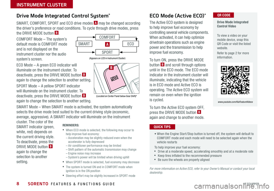 KIA SORENTO 2020  Features and Functions Guide SORENTO  FEATURES & FUNCTIONS GUIDE8*IF EQUIPPED 
SMART, COMFORT, SPORT and ECO drive modes A may be changed according 
the driver’s preference or road conditions. To cycle through drive modes, pres