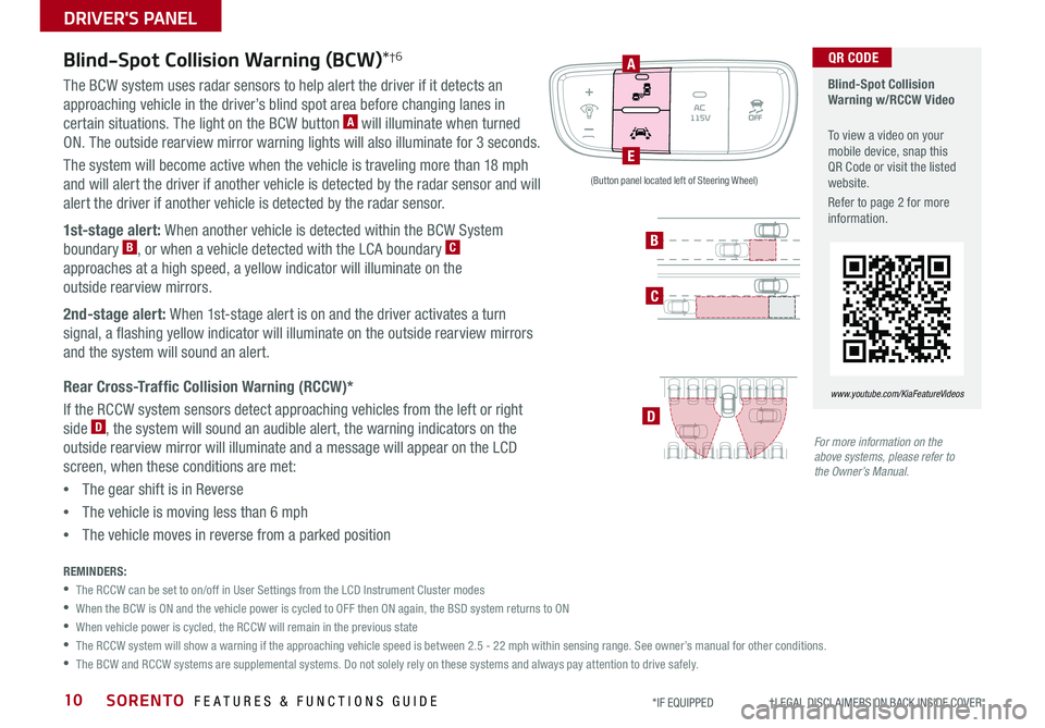 KIA SORENTO 2019  Features and Functions Guide SORENTO  FEATURES & FUNCTIONS GUIDE10*IF EQUIPPED                     †LEGAL DISCL AIMERS ON BACK INSIDE COVER
Blind-Spot Collision Warning (BCW)*†6
The BCW system uses radar sensors to help alert