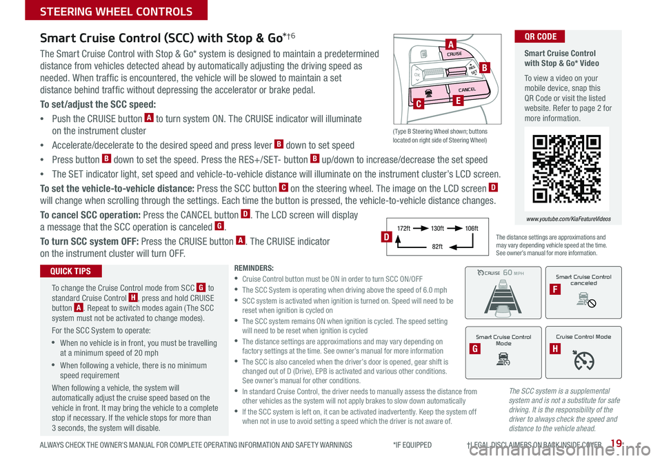 KIA SORENTO 2019 Features and Functions Guide 19ALWAYS CHECK THE OWNER’S MANUAL FOR COMPLETE OPER ATING INFORMATION AND SAFET Y WARNINGS *IF EQUIPPED †LEGAL DISCL AIMERS ON BACK INSIDE COVER
The SCC system is a supplement KIA SORENTO 2019 Features and Functions Guide 19ALWAYS CHECK THE OWNER’S MANUAL FOR COMPLETE OPER ATING INFORMATION AND SAFET Y WARNINGS *IF EQUIPPED †LEGAL DISCL AIMERS ON BACK INSIDE COVER
The SCC system is a supplement