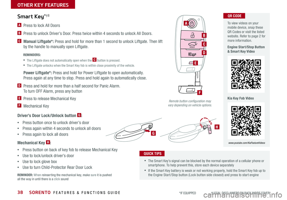 KIA SORENTO 2019 Features and Functions Guide SORENTO FEATURES & FUNCTIONS GUIDE38*IF EQUIPPED †LEGAL DISCL AIMERS ON BACK INSIDE COVER
A Press to lock All Doors
B Press to unlock Driver’s Door . Press twice within 4 KIA SORENTO 2019 Features and Functions Guide SORENTO FEATURES & FUNCTIONS GUIDE38*IF EQUIPPED †LEGAL DISCL AIMERS ON BACK INSIDE COVER
A Press to lock All Doors
B Press to unlock Driver’s Door . Press twice within 4