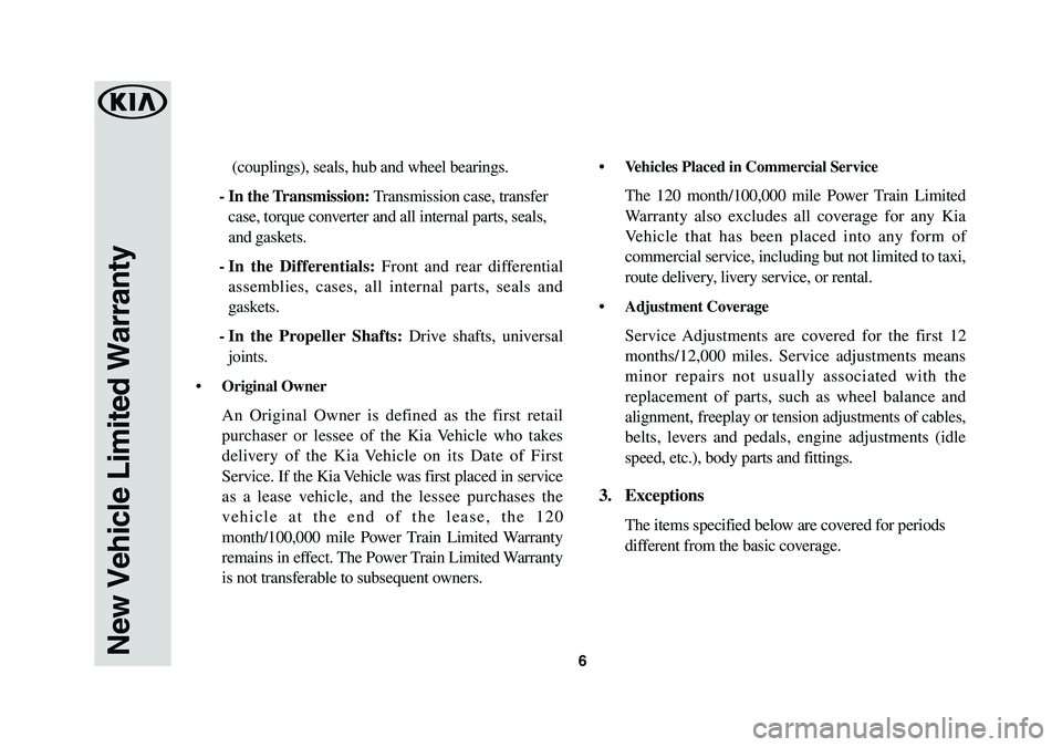KIA SORENTO 2019 Warranty and Consumer Information Guide 6
(couplings), seals, hub and wheel bearings.
- In the Transmission: Transmission case, transfer
case, torque converter and all internal parts, seals,
and gaskets.
- In the Differentials: F KIA SORENTO 2019 Warranty and Consumer Information Guide 6
(couplings), seals, hub and wheel bearings.
- In the Transmission: Transmission case, transfer
case, torque converter and all internal parts, seals,
and gaskets.
- In the Differentials: F