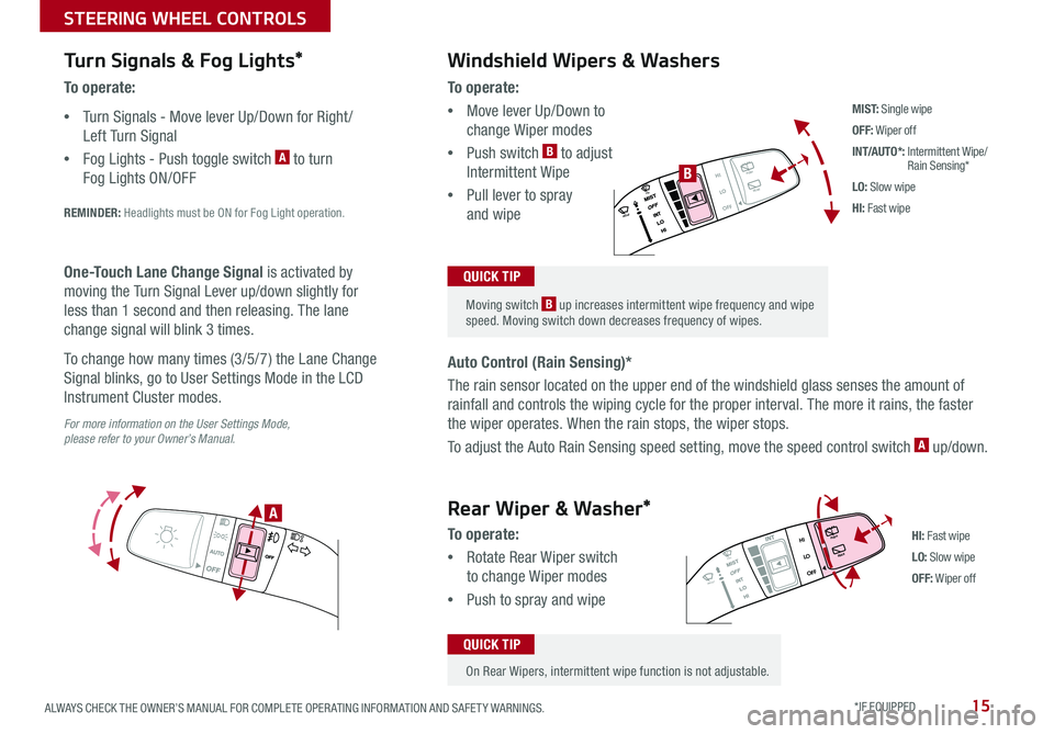 KIA SORENTO 2018  Features and Functions Guide 15ALWAYS CHECK THE OWNER’S MANUAL FOR COMPLETE OPER ATING INFORMATION AND SAFET Y WARNINGS . *IF EQUIPPED 
Turn Signals & Fog Lights*
To o p e r a t e :
 •Turn Signals - Move lever Up/Down for Rig