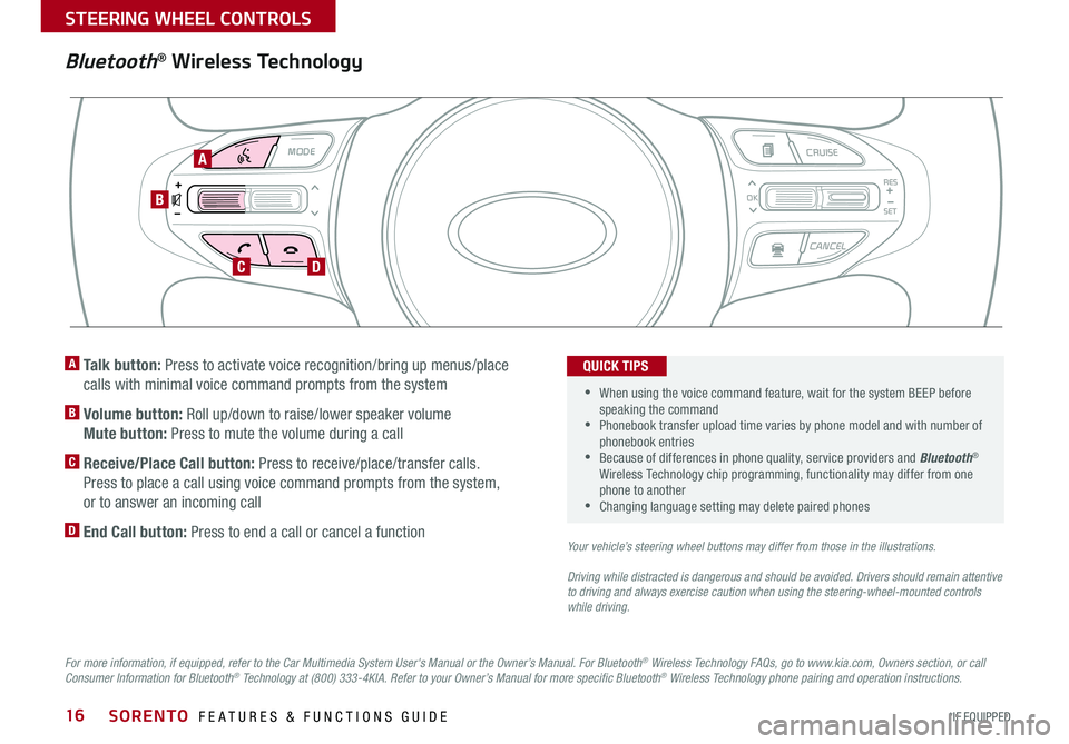 KIA SORENTO 2018 Features and Functions Guide SORENTO FEATURES & FUNCTIONS GUIDE16*IF EQUIPPED
Bluetooth® Wireless Technology
For more information, if equipped, refer to the Car Multimedia System User's Manual or the Owner’s Manual. For KIA SORENTO 2018 Features and Functions Guide SORENTO FEATURES & FUNCTIONS GUIDE16*IF EQUIPPED
Bluetooth® Wireless Technology
For more information, if equipped, refer to the Car Multimedia System User's Manual or the Owner’s Manual. For