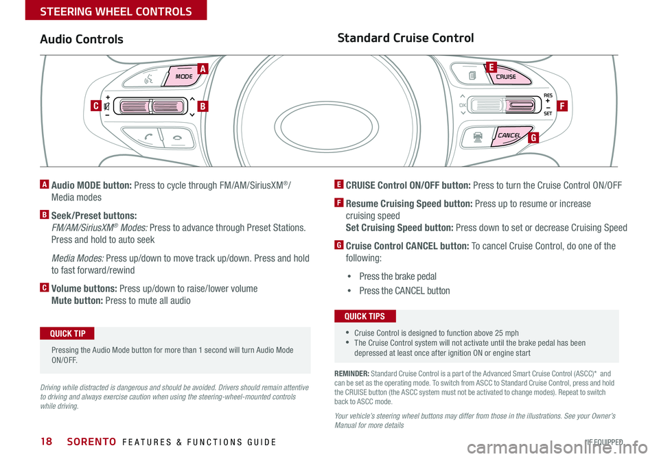 KIA SORENTO 2018 Features and Functions Guide SORENTO FEATURES & FUNCTIONS GUIDE18*IF EQUIPPED
MODE CRUISE
CANCEL
RES
OK
SET
REMINDER: Standard Cruise Control is a part of the Advanced Smart Cruise Control (ASCC)* and can be set as the opera KIA SORENTO 2018 Features and Functions Guide SORENTO FEATURES & FUNCTIONS GUIDE18*IF EQUIPPED
MODE CRUISE
CANCEL
RES
OK
SET
REMINDER: Standard Cruise Control is a part of the Advanced Smart Cruise Control (ASCC)* and can be set as the opera