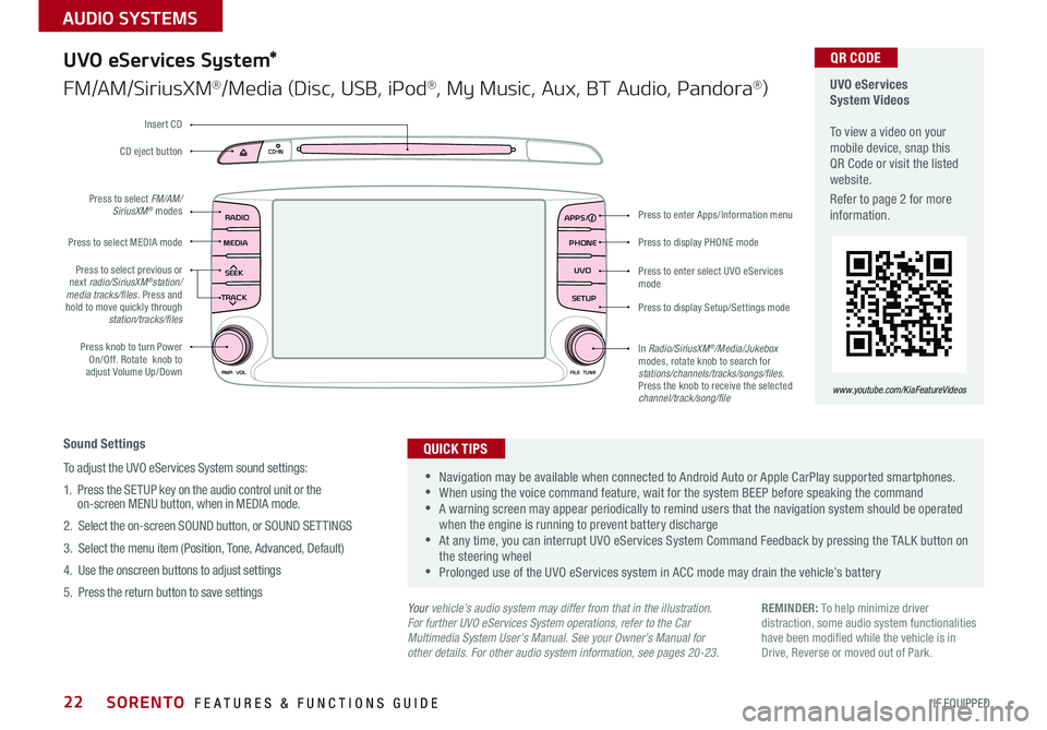KIA SORENTO 2018 Features and Functions Guide SORENTO FEATURES & FUNCTIONS GUIDE22*IF EQUIPPED
AUDIO SYSTEMS
RADIO
CD-INMAP
MEDIASEEK
TRACK
PWR VOL FILETUNE
PHONE
APPS
UVO
SETUP
UVO eServices System*
FM/AM/SiriusXM®/Media (Disc, USB, iPod®, KIA SORENTO 2018 Features and Functions Guide SORENTO FEATURES & FUNCTIONS GUIDE22*IF EQUIPPED
AUDIO SYSTEMS
RADIO
CD-INMAP
MEDIASEEK
TRACK
PWR VOL FILETUNE
PHONE
APPS
UVO
SETUP
UVO eServices System*
FM/AM/SiriusXM®/Media (Disc, USB, iPod®,