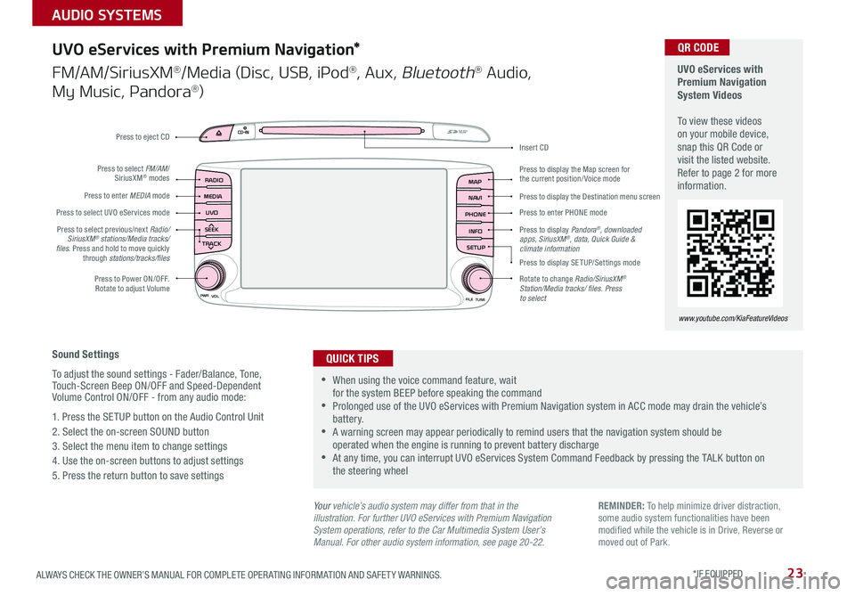KIA SORENTO 2018 Features and Functions Guide 23ALWAYS CHECK THE OWNER’S MANUAL FOR COMPLETE OPER ATING INFORMATION AND SAFET Y WARNINGS . *IF EQUIPPED
AUDIO SYSTEMS
UVO
RADIO
NAVI
PHONE MAP
INFO
SETUP
CD-INMAP
MEDIA
SEEK
TRACK
PWR VOL
FILETU KIA SORENTO 2018 Features and Functions Guide 23ALWAYS CHECK THE OWNER’S MANUAL FOR COMPLETE OPER ATING INFORMATION AND SAFET Y WARNINGS . *IF EQUIPPED
AUDIO SYSTEMS
UVO
RADIO
NAVI
PHONE MAP
INFO
SETUP
CD-INMAP
MEDIA
SEEK
TRACK
PWR VOL
FILETU