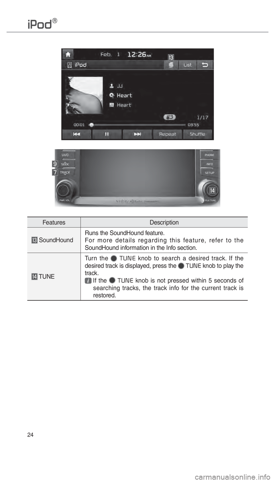 KIA SORENTO 2018  Navigation System Quick Reference Guide 24
004C0033005200470071
FeaturesDescription
 SoundHoundRuns the SoundHound feature.
For more details regarding this feature, refer to the 
SoundHound information in the Info section.
 TUNETurn the 
 
