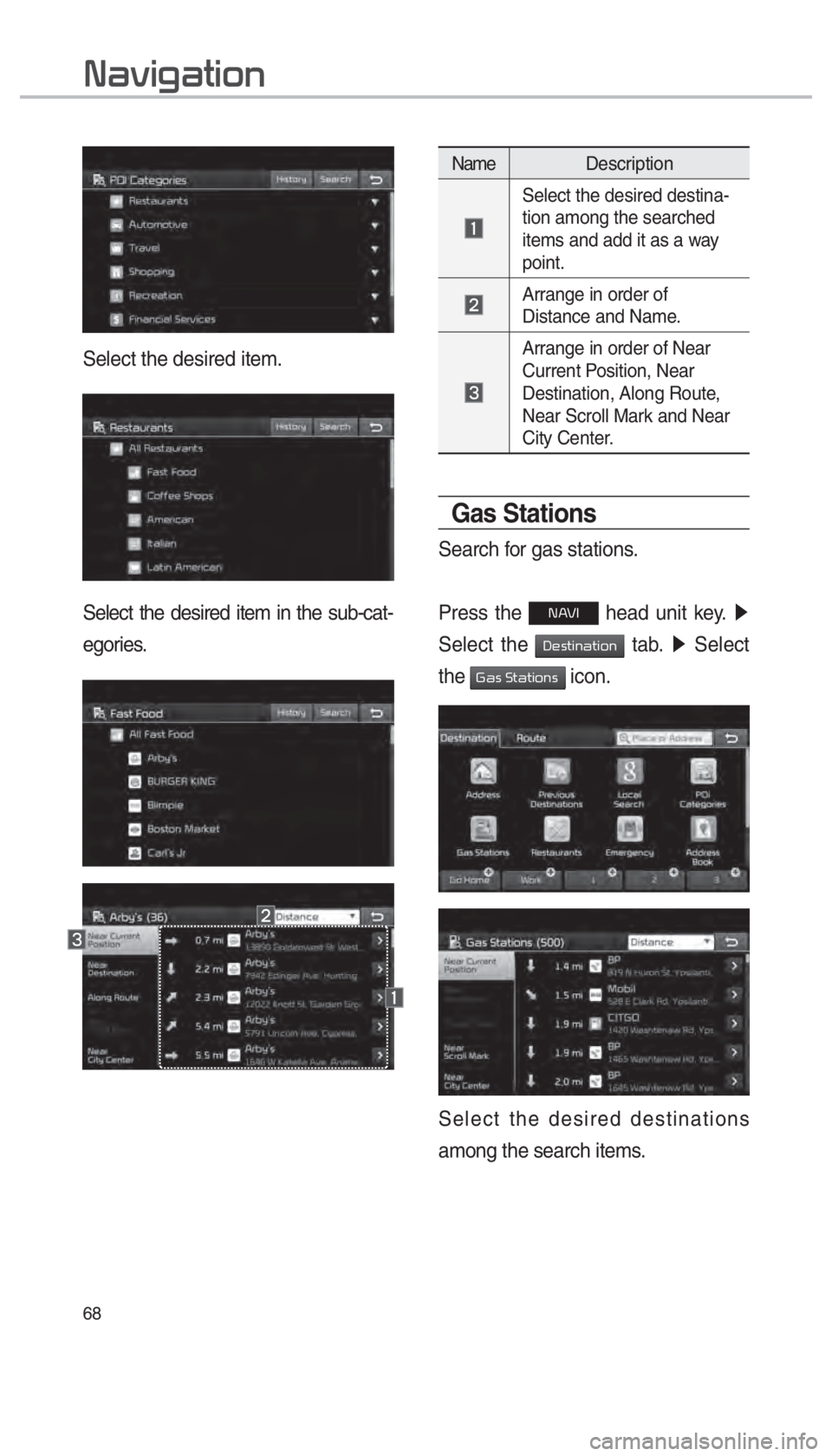 KIA SORENTO 2018  Navigation System Quick Reference Guide 68
Select the desired item.
Select the desired item in the sub-cat-
egories.
NameDescription
 Select the desired destina-
tion among the searched 
items and add it as a way 
point.
 
Arrange in order 