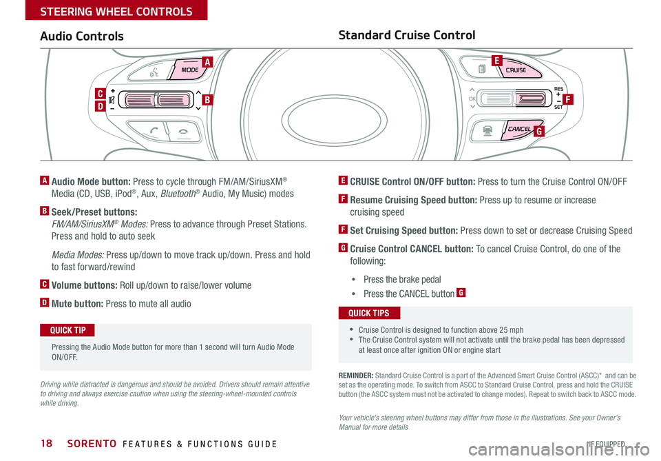 KIA SORENTO 2017  Features and Functions Guide 18
MODE  CRUISE
CANCEL 
RES
OK
SET
REMINDER: Standard Cruise Control is a part of the Advanced Smart Cruise Control (ASCC)*  and can be set as the operating mode  . To switch from ASCC to Standard Cru