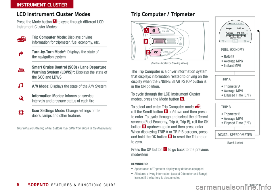 KIA SORENTO 2017  Features and Functions Guide 6
Trip Computer / Tripmeter 
The Trip Computer is a driver information system 
that displays information related to driving on the 
display when the ENGINE START/STOP button is 
in the ON position .
T