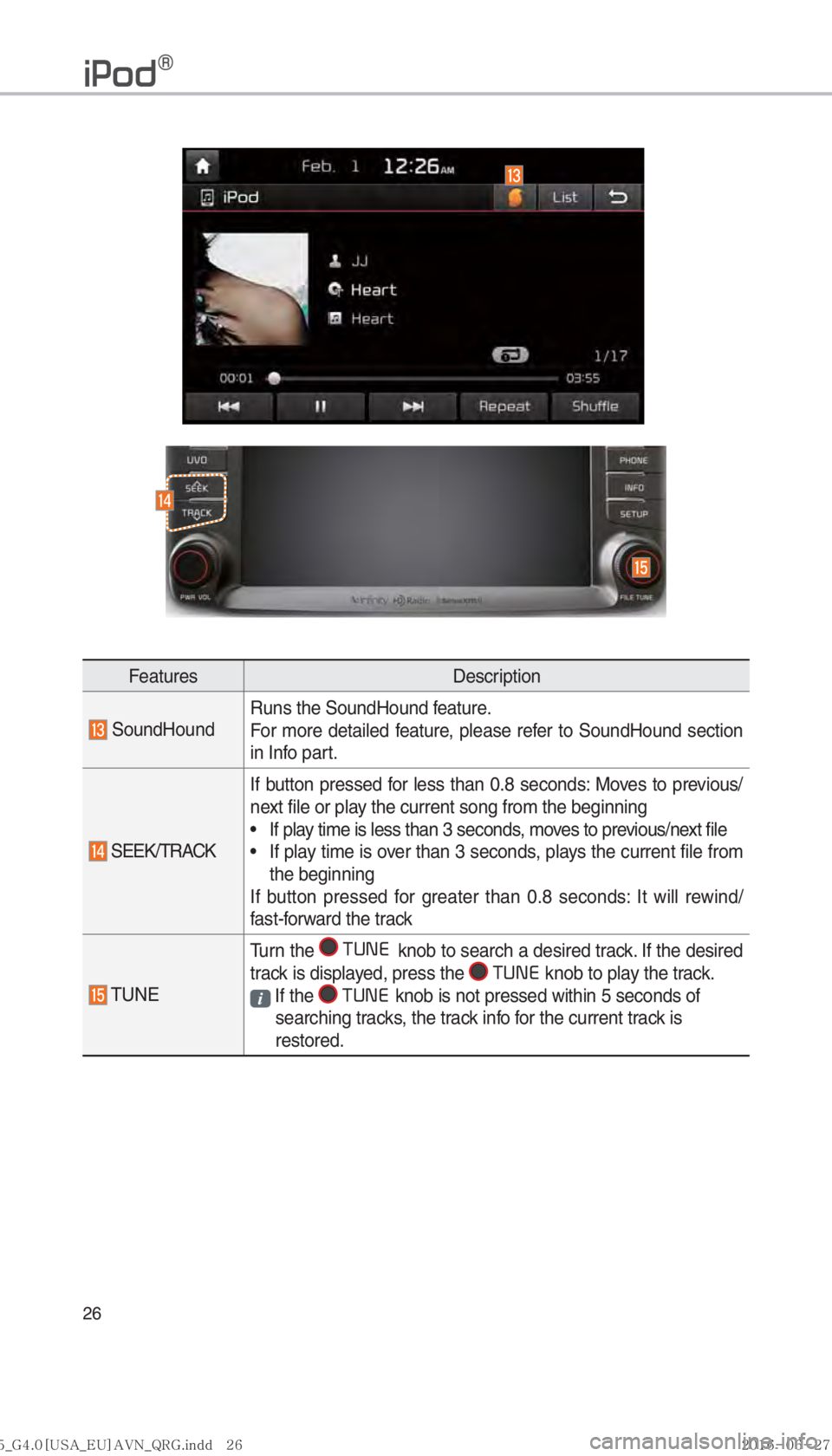 KIA SORENTO 2017  Navigation System Quick Reference Guide 26
FeaturesDescription
 SoundHoundRuns the SoundHound feature.
For more detailed feature, please refer to SoundHound section 
in Info part.
 SEEK/TRACKIf button pressed for less than 0.8 seconds: Move