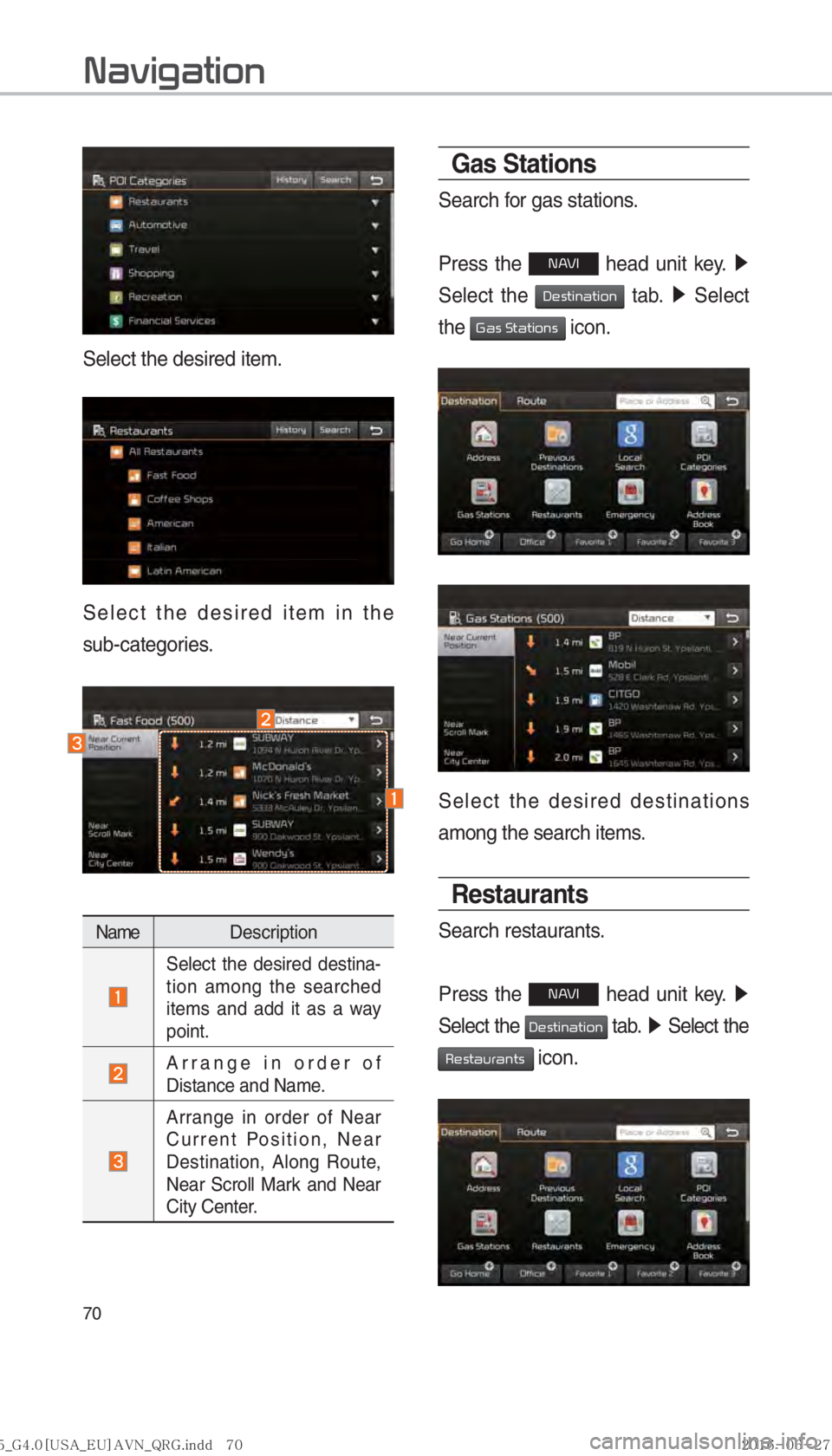 KIA SORENTO 2017  Navigation System Quick Reference Guide 70
Select the desired item.
Select the desired item in the 
sub-categories.
NameDescription
 Select the desired destina-
tion among the searched 
items and add it as a way 
point.
 
Arrange in order o