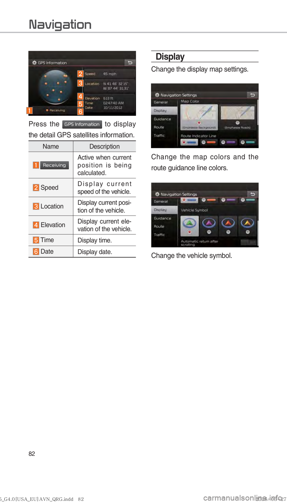 KIA SORENTO 2017  Navigation System Quick Reference Guide 82
Display
Change the display map settings.
Change the map colors and the 
route guidance line colors.
Change the vehicle symbol.
Press the 002A003300360003002C005100490052005000440057004C00520051 to 