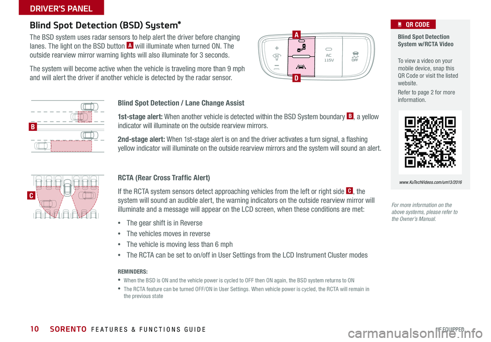 KIA SORENTO 2016  Features and Functions Guide 10
Blind Spot Detection / Lane Change Assist
1st-stage alert: When another vehicle is detected within the BSD System boundary B, a yellow 
indicator will illuminate on the outside rearview mirrors . 
