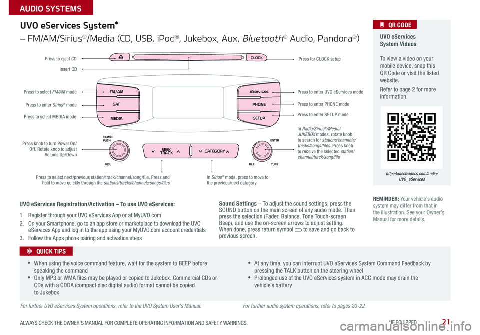 KIA SORENTO 2016  Features and Functions Guide 21
Sound Settings – To adjust the sound settings, press the SOUND button on the main screen of any audio mode . Then press the selection (Fader, Balance, Tone Touch-screen Beep), and use the on-scre