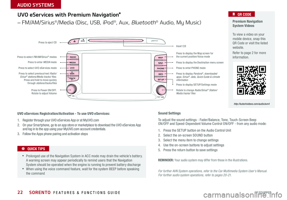 KIA SORENTO 2016  Features and Functions Guide 22
For further AVN System operations, refer to the Car Multimedia System User's Manual.  For further audio system operations, refer to pages 20-21.
REMINDER: Your audio system may differ from thos