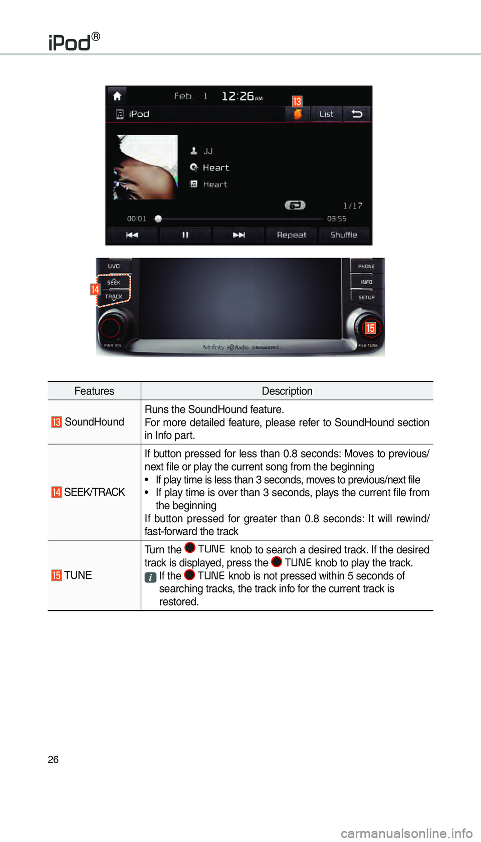 KIA SORENTO 2016  Navigation System Quick Reference Guide 26
FeaturesDescription
 SoundHoundRuns the SoundHound feature.
For more detailed feature, please refer to SoundHound section 
in Info part.
 SEEK/TRACKIf button pressed for less than 0.8 seconds: Move