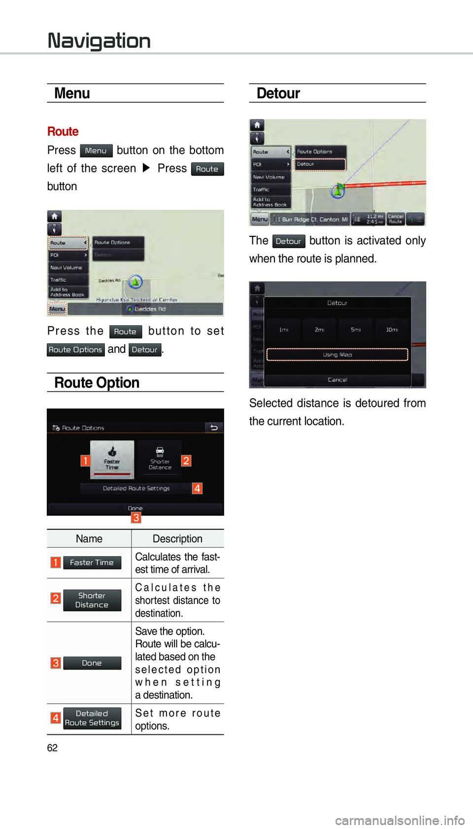 KIA SORENTO 2016  Navigation System Quick Reference Guide 62
Menu
Route
Press Menu button on the bottom 
left of the screen  ▶ 
Press 
Route 
button
Press the Route button to set 
Route Options and Detour.
Route Option
Name Description
 Faster TimeCalculat
