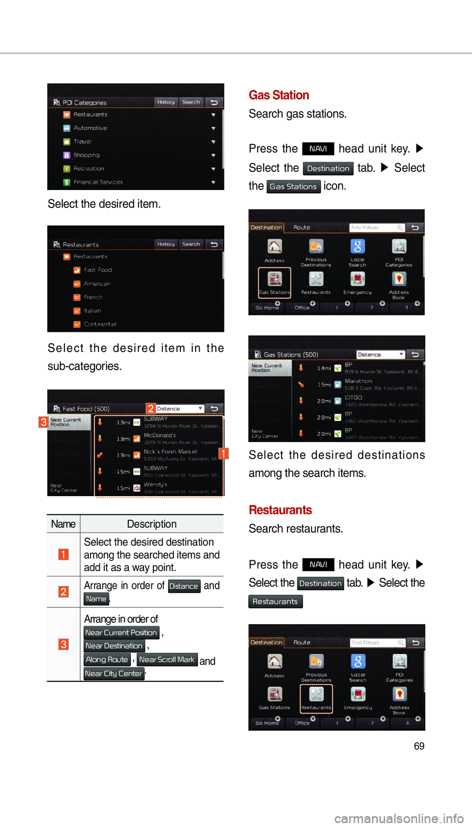 KIA SORENTO 2016  Navigation System Quick Reference Guide 69
Select the desired item.
Select the desired item in the 
sub-categories.
NameDescription
 Select the desired destination 
among the searched items and 
add it as a way point.
 Arrange in order of D