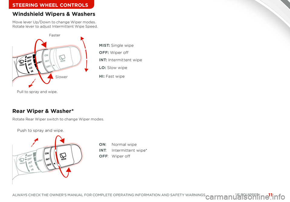 KIA SORENTO 2015 Features and Functions Guide 11
Move lever Up/Down to change Wiper modes. Rotate lever to adjust Intermittent Wipe Speed.
Pull to spray and wipe.
M I S T: Single wipe
I N T: Intermittent wipe
LO: Slow wipe
HI: Fast wipe
OFF: Wi KIA SORENTO 2015 Features and Functions Guide 11
Move lever Up/Down to change Wiper modes. Rotate lever to adjust Intermittent Wipe Speed.
Pull to spray and wipe.
M I S T: Single wipe
I N T: Intermittent wipe
LO: Slow wipe
HI: Fast wipe
OFF: Wi