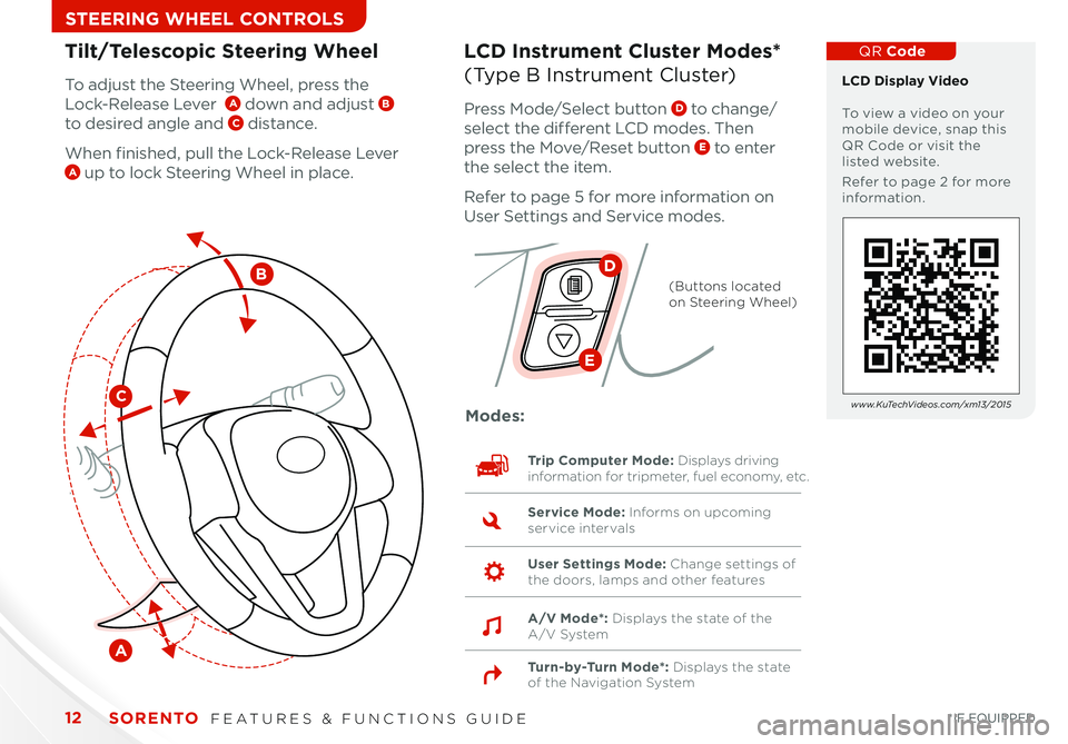 KIA SORENTO 2015 Features and Functions Guide 12
Tilt/Telescopic Steering WheelLCD Instrument Cluster Modes*
(Type B Instrument Cluster)To adjust the Steering Wheel, press the
Lock-Release Lever A down and adjust B
to desired angle and C d KIA SORENTO 2015 Features and Functions Guide 12
Tilt/Telescopic Steering WheelLCD Instrument Cluster Modes*
(Type B Instrument Cluster)To adjust the Steering Wheel, press the
Lock-Release Lever A down and adjust B
to desired angle and C d