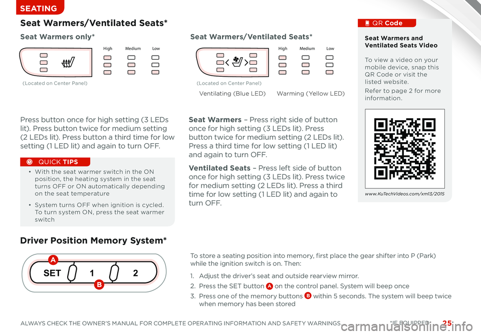 KIA SORENTO 2015 Features and Functions Guide 25ALWAYS CHECK THE OWNER’S MANUAL FOR COMPLETE OPERATING INFORMATION AND SAFET Y WARNINGS *IF EQUIPPED
SEATING
Driver Position Memory System*
To store a seating position into memory, first place t KIA SORENTO 2015 Features and Functions Guide 25ALWAYS CHECK THE OWNER’S MANUAL FOR COMPLETE OPERATING INFORMATION AND SAFET Y WARNINGS *IF EQUIPPED
SEATING
Driver Position Memory System*
To store a seating position into memory, first place t