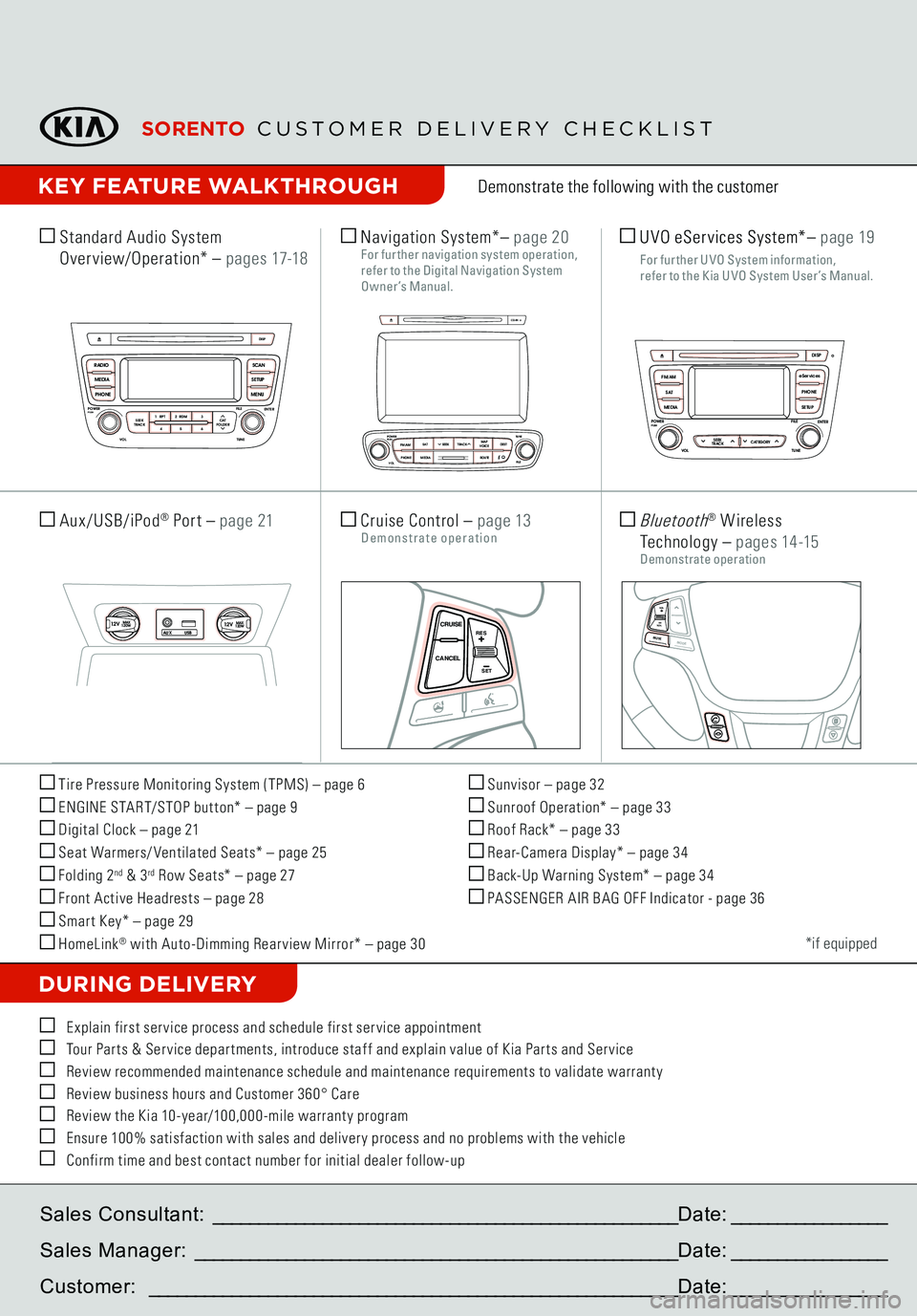 KIA SORENTO 2015 Features and Functions Guide Tire Pressure Monitoring System (TPMS) – page 6 ENGINE START/STOP but ton* – page 9 Digital Clock – page 21 Seat Warmers/ Ventilated Seats* – page 25 Folding 2
nd & 3
rd Row Seats* – page 2 KIA SORENTO 2015 Features and Functions Guide Tire Pressure Monitoring System (TPMS) – page 6 ENGINE START/STOP but ton* – page 9 Digital Clock – page 21 Seat Warmers/ Ventilated Seats* – page 25 Folding 2
nd & 3
rd Row Seats* – page 2