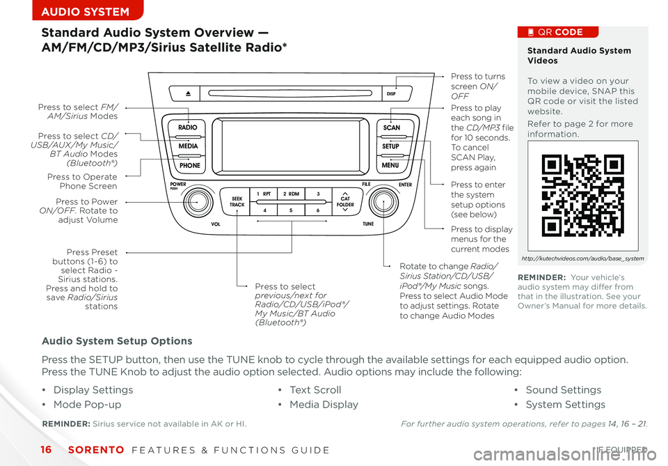 KIA SORENTO 2014  Features and Functions Guide SORENTO  FEATURES & FUNCTIONS GUIDE16*IF EQUIPPED 
AUDIO SYSTEM 
Audio System Setup Options
Press the SETUP button, then use the TUNE knob to cycle through the available settings for each equipped aud
