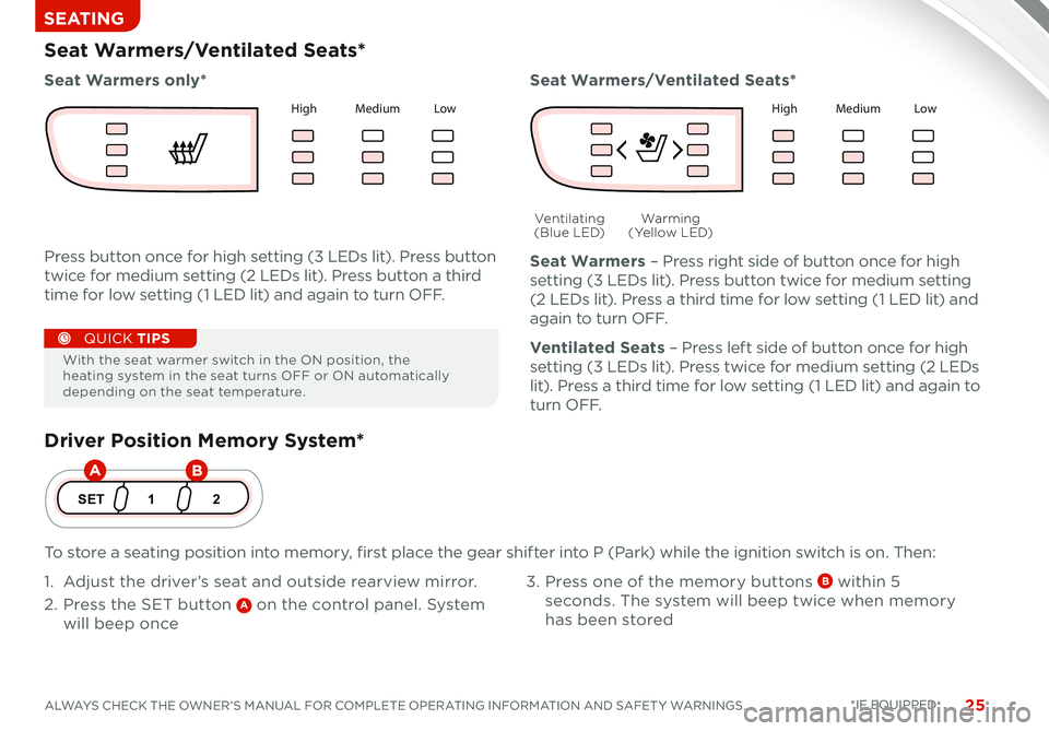 KIA SORENTO 2014  Features and Functions Guide 25ALWAYS CHECK THE OWNER’S MANUAL FOR COMPLETE OPERATING INFORMATION AND SAFET Y WARNINGS  *IF EQUIPPED 
SEATING
Driver Position Memory System*
To store a seating position into memory, first place t