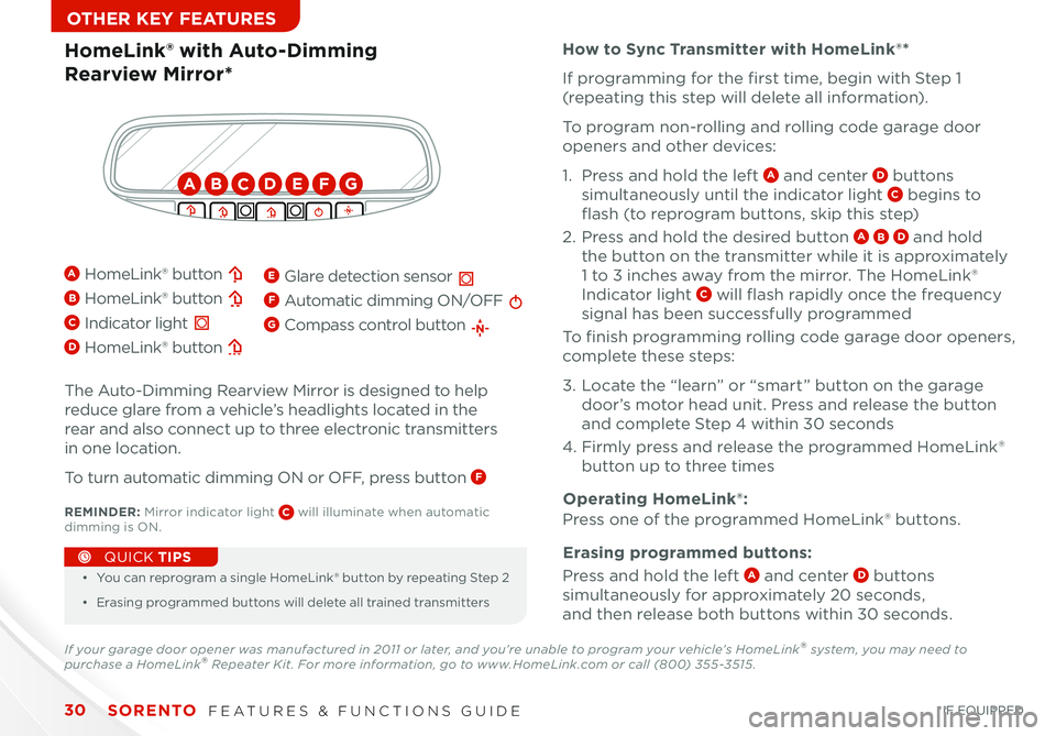 KIA SORENTO 2014 Features and Functions Guide SORENTO FEATURES & FUNCTIONS GUIDE30*IF EQUIPPED
OTHER KEY FEATURES
•
• You can reprogram a single HomeLink ® button by repeating Step 2
• Erasing programmed buttons will delete all trained KIA SORENTO 2014 Features and Functions Guide SORENTO FEATURES & FUNCTIONS GUIDE30*IF EQUIPPED
OTHER KEY FEATURES
•
• You can reprogram a single HomeLink ® button by repeating Step 2
• Erasing programmed buttons will delete all trained