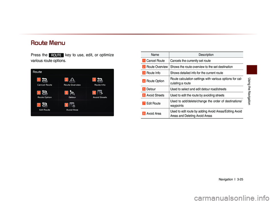 KIA SORENTO 2014 Navigation System Quick Reference Guide Using the Navigation
Navigation l
3-25
Route Menu
Press the ROUTE key to use, edit, or optimize
various route options.Name Description
1 Cancel Route Cancels the currently set route
2 Rou KIA SORENTO 2014 Navigation System Quick Reference Guide Using the Navigation
Navigation l
3-25
Route Menu
Press the ROUTE key to use, edit, or optimize
various route options.Name Description
1 Cancel Route Cancels the currently set route
2 Rou