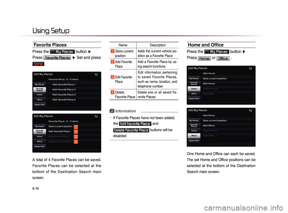 KIA SORENTO 2014 Navigation System Quick Reference Guide 8-16
Using Setup
Favorite Places
Press the My Places button ▶
Press
Favorite Places ▶ Set and press
Done
.
A total of 4 Favorite Places can be saved.
Favorite Places can be KIA SORENTO 2014 Navigation System Quick Reference Guide 8-16
Using Setup
Favorite Places
Press the My Places button ▶
Press
Favorite Places ▶ Set and press
Done
.
A total of 4 Favorite Places can be saved.
Favorite Places can be
