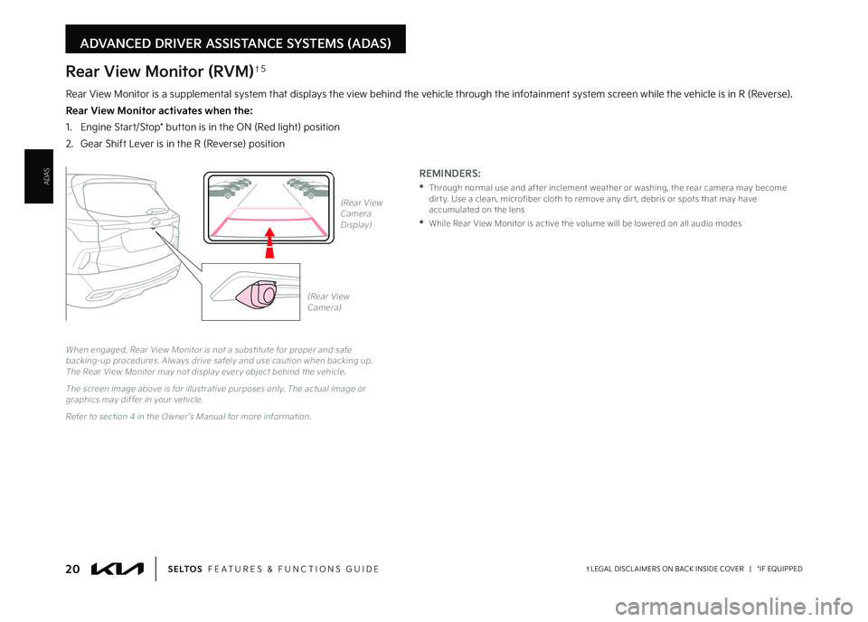 KIA SELTOS 2023 Features and Functions Guide 20†LEGAL DISCL AIMERS ON BACK INSIDE COVER | *IF EQUIPPEDS E LT O S FEATURES & FUNCTIONS GUIDE
ADVANCED DRIVER ASSISTANCE SYSTEMS (ADAS)
(Rear View Camera)
(Rear View Camera Display)P
R
N
DSHIF KIA SELTOS 2023 Features and Functions Guide 20†LEGAL DISCL AIMERS ON BACK INSIDE COVER | *IF EQUIPPEDS E LT O S FEATURES & FUNCTIONS GUIDE
ADVANCED DRIVER ASSISTANCE SYSTEMS (ADAS)
(Rear View Camera)
(Rear View Camera Display)P
R
N
DSHIF