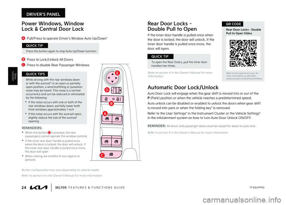 KIA SELTOS 2023  Features and Functions Guide 24 *IF EQUIPPEDS E LT O S  FEATURES & FUNCTIONS GUIDE
DRIVER’S PANEL
Auto Door Lock will engage when the gear shift is moved into or out of the  P (Park) position or when the vehicle reaches a prede