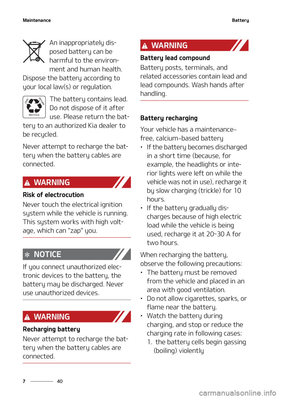 KIA SELTOS 2022  Owners Manual �.�B�J�O�U�F�O�B�O�D�F
��
�
�#�B�U�U�F�S�Z
�"�O��J�O�B�Q�Q�S�P�Q�S�J�B�U�F�M�Z��E�J�T-
�Q�P�T�F�E��C�B�U�U�F�S�Z��D�B�O��C�F�
�I�B�S�N�G�V�M��U�P��U�I�F��F�O�W�J�S�P�O
-
�N�F�O�U��B�O�E�