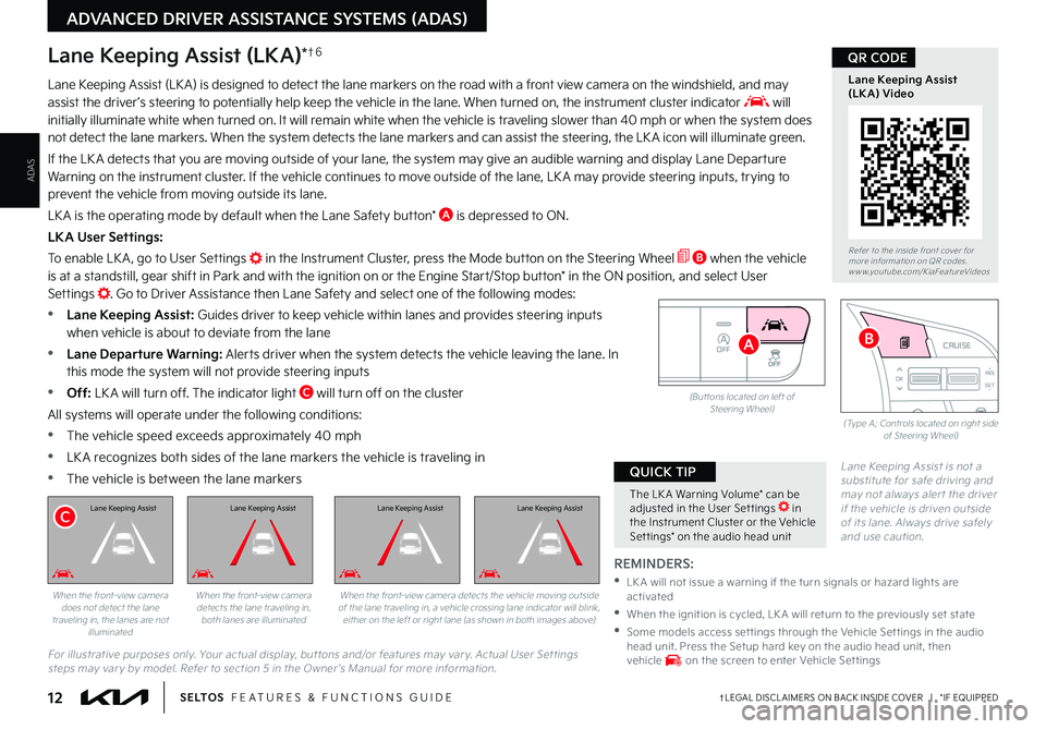 KIA SELTOS 2022 Features and Functions Guide 12†LEGAL DISCL AIMERS ON BACK INSIDE COVER | *IF EQUIPPEDS E LT O S FEATURES & FUNCTIONS GUIDE
ADAS
ADVANCED DRIVER ASSISTANCE SYSTEMS (ADAS)
OFF
(But tons located on left of Steering Wheel)
RE KIA SELTOS 2022 Features and Functions Guide 12†LEGAL DISCL AIMERS ON BACK INSIDE COVER | *IF EQUIPPEDS E LT O S FEATURES & FUNCTIONS GUIDE
ADAS
ADVANCED DRIVER ASSISTANCE SYSTEMS (ADAS)
OFF
(But tons located on left of Steering Wheel)
RE