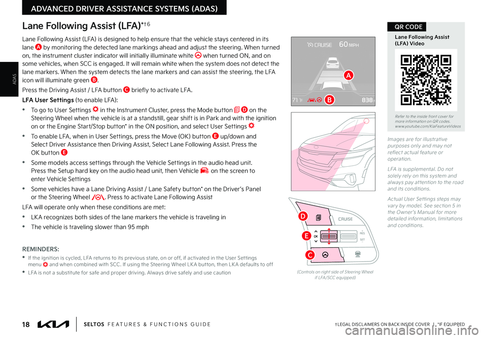 KIA SELTOS 2022 Features and Functions Guide 18†LEGAL DISCL AIMERS ON BACK INSIDE COVER | *IF EQUIPPEDS E LT O S FEATURES & FUNCTIONS GUIDE
ADAS
ADVANCED DRIVER ASSISTANCE SYSTEMS (ADAS)
RESSET
CNCL+
–
CRUISE
OK
RESSET
CNCL+
–
CRUISE
KIA SELTOS 2022 Features and Functions Guide 18†LEGAL DISCL AIMERS ON BACK INSIDE COVER | *IF EQUIPPEDS E LT O S FEATURES & FUNCTIONS GUIDE
ADAS
ADVANCED DRIVER ASSISTANCE SYSTEMS (ADAS)
RESSET
CNCL+
–
CRUISE
OK
RESSET
CNCL+
–
CRUISE