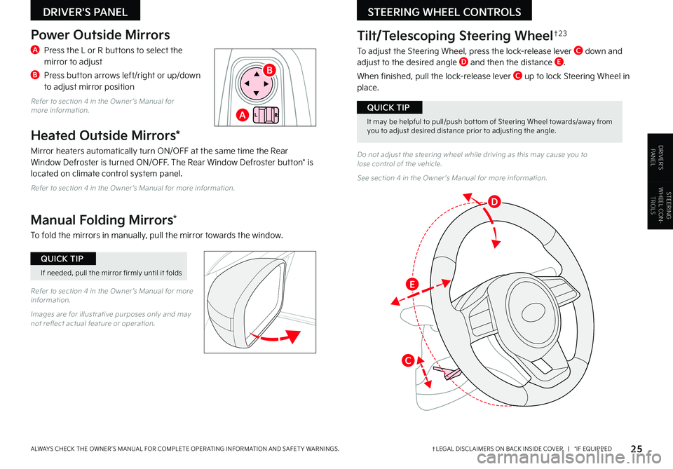 KIA SELTOS 2022 Features and Functions Guide 25†LEGAL DISCL AIMERS ON BACK INSIDE COVER | *IF EQUIPPEDALWAYS CHECK THE OWNER ’S MANUAL FOR COMPLETE OPER ATING INFORMATION AND SAFET Y WARNINGS .
DRIVER'S PANEL
DRIVER’SPANELDo not a KIA SELTOS 2022 Features and Functions Guide 25†LEGAL DISCL AIMERS ON BACK INSIDE COVER | *IF EQUIPPEDALWAYS CHECK THE OWNER ’S MANUAL FOR COMPLETE OPER ATING INFORMATION AND SAFET Y WARNINGS .
DRIVER'S PANEL
DRIVER’SPANELDo not a
