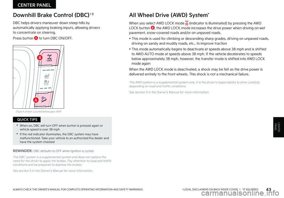 KIA SELTOS 2022  Features and Functions Guide CENTER PANEL
CENTER PANEL
43†LEGAL DISCL AIMERS ON BACK INSIDE COVER   |   *IF EQUIPPEDALWAYS CHECK THE OWNER ’S MANUAL FOR COMPLETE OPER ATING INFORMATION AND SAFET Y WARNINGS . 
 •When on, DBC