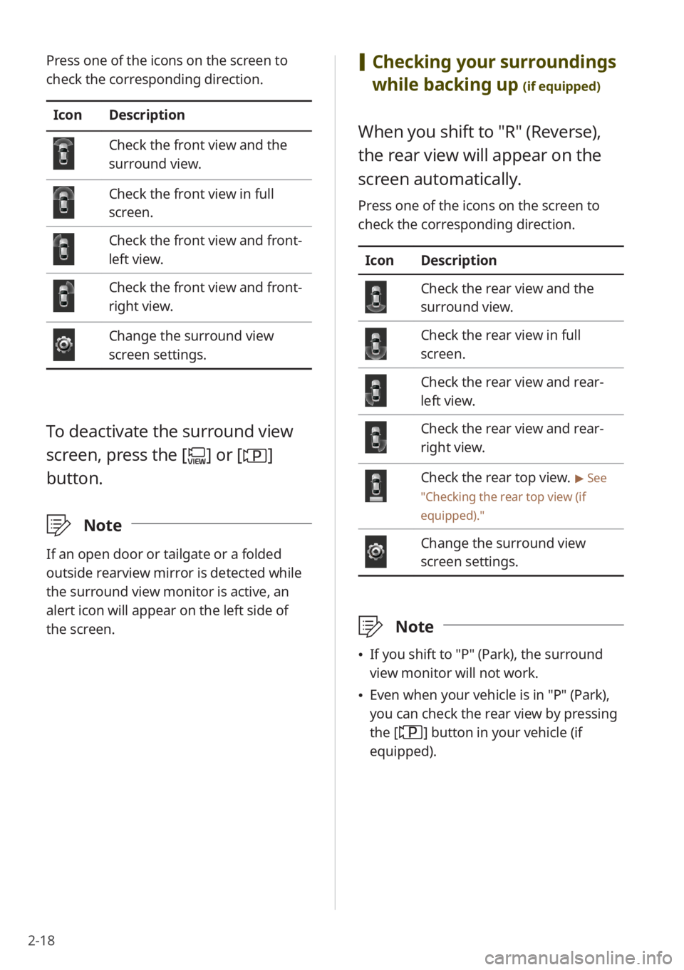 KIA SELTOS 2022 Quick Start Guide Base Audio 2-18
[Checking your surroundings
while backing up
(if equipped)
When you shift to ″R″ (Reverse),
the rear view will appear on the
screen automatically.
Press one of the icons on the screen to KIA SELTOS 2022 Quick Start Guide Base Audio 2-18
[Checking your surroundings
while backing up
(if equipped)
When you shift to ″R″ (Reverse),
the rear view will appear on the
screen automatically.
Press one of the icons on the screen to