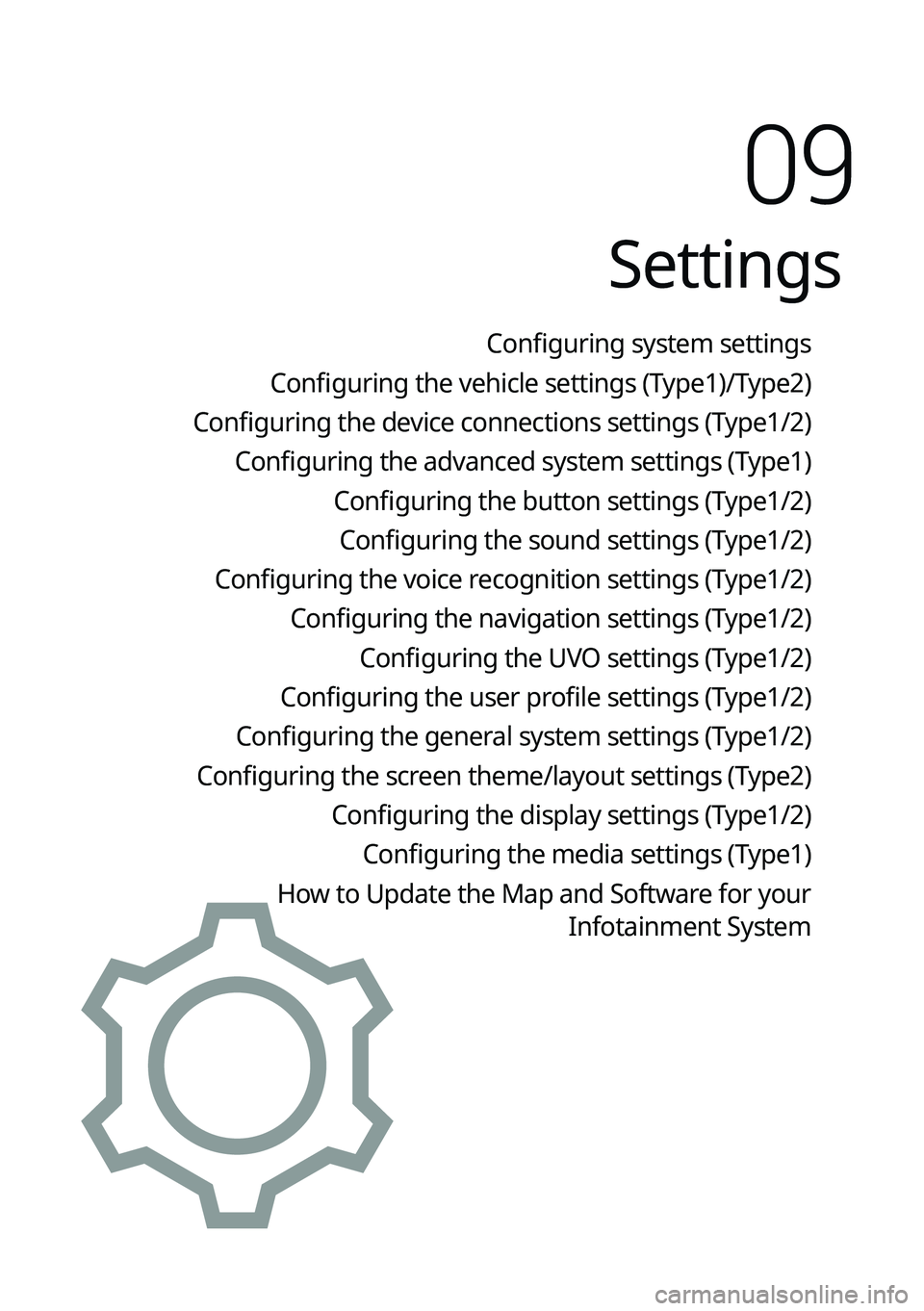 KIA SELTOS 2022 Navigation System Quick Reference Guide Settings
Configuring system settings
Configuring the vehicle settings (Type1)/ Type2)
Configuring the device connections settings (Type1/ 2)
Configuring the advanced system settings (Type1) Configur KIA SELTOS 2022 Navigation System Quick Reference Guide Settings
Configuring system settings
Configuring the vehicle settings (Type1)/ Type2)
Configuring the device connections settings (Type1/ 2)
Configuring the advanced system settings (Type1) Configur