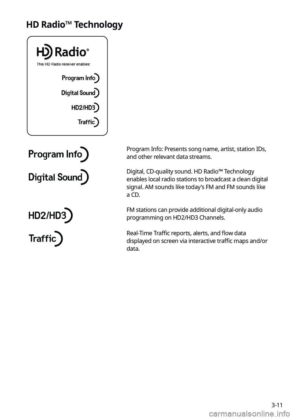 KIA SELTOS 2022 Navigation System Quick Reference Guide 3-11
HD Radio™ Technology
Program Info: Presents song name, artist, station IDs,
and other relevant data streams.
Digital, CD-quality sound. HD Radio™ Technology
enables local radio stations to KIA SELTOS 2022 Navigation System Quick Reference Guide 3-11
HD Radio™ Technology
Program Info: Presents song name, artist, station IDs,
and other relevant data streams.
Digital, CD-quality sound. HD Radio™ Technology
enables local radio stations to