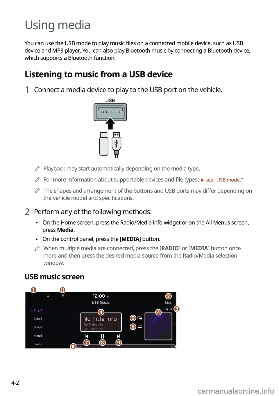 KIA SELTOS 2022  Navigation System Quick Reference Guide 4-2
Using media
You can use the USB mode to play music files on a connected mobile device, such as USB 
device and MP3 player. You can also play Bluetooth music by connecting a Bluetooth device, 
whic