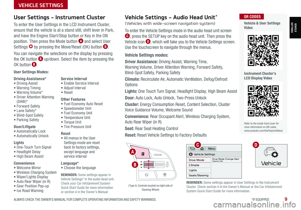 KIA SELTOS 2021  Features and Functions Guide ALWAYS CHECK THE OWNER’S MANUAL FOR COMPLETE OPER ATING INFORMATION AND SAFET Y WARNINGS.  *IF EQUIPPED9
REMINDER: Some settings appear in Vehicle Settings* in the audio head unit. Check your Car In